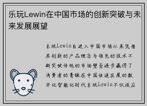 乐玩Lewin在中国市场的创新突破与未来发展展望